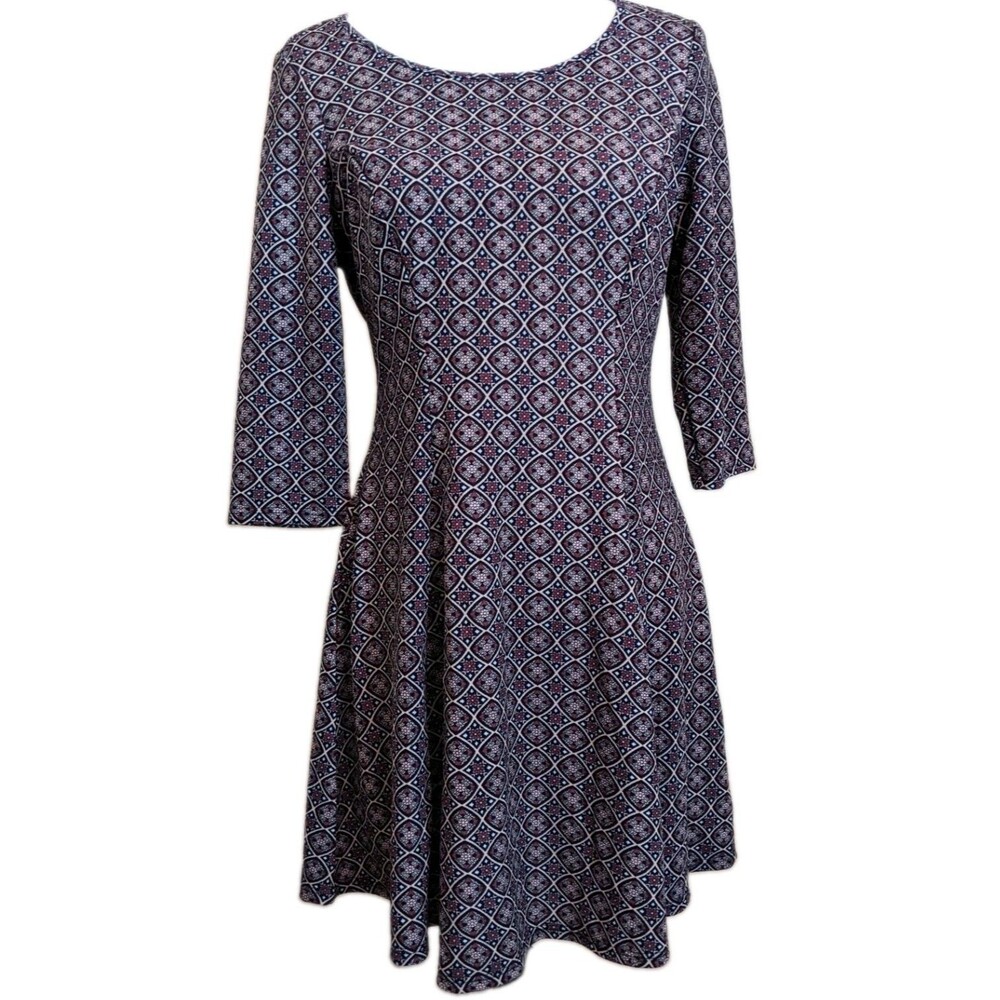 Classic Fit and Flare Dress Earthtones Geometric 3/4 Sleeve Size Large